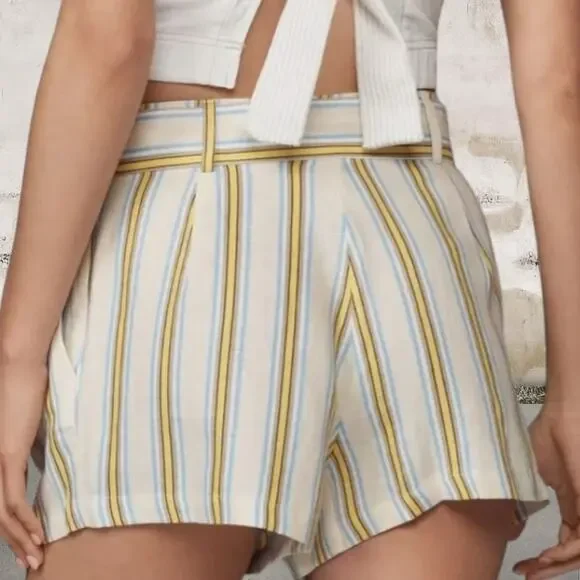Anthropologie Maeve NWT Linen Striped Belted Shorts Size 12